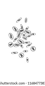 Bitcoin Icon Abstract Background. Randomly Fall Bitcoins. Digital Payment money. Cryptocurrency Background. Jackpot or Prize Concept.
 Blockchain technology Coin. Black and White Vector Illustration.