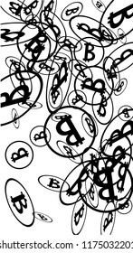 Bitcoin Icon Abstract Background. Randomly Fall Bitcoins. Cryptocurrency Background. Digital Payment money.  Prize or Jackpot Concept.
 Blockchain technology Coin. Black and White Vector Illustration.