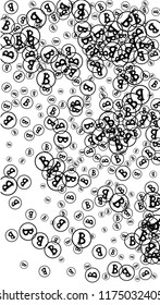 Bitcoin Icon Abstract Background. Randomly Fall Bitcoins. Cryptocurrency Background. Digital Payment money.  Jackpot or Prize Concept. Blockchain technology Coin. Black and White Vector Illustration.