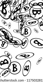Bitcoin Icon Abstract Background. Randomly Fall Bitcoins. Cryptocurrency Background. Digital Payment money.  Prize or Jackpot Concept.
 Blockchain technology Coin. Black and White Vector Illustration.