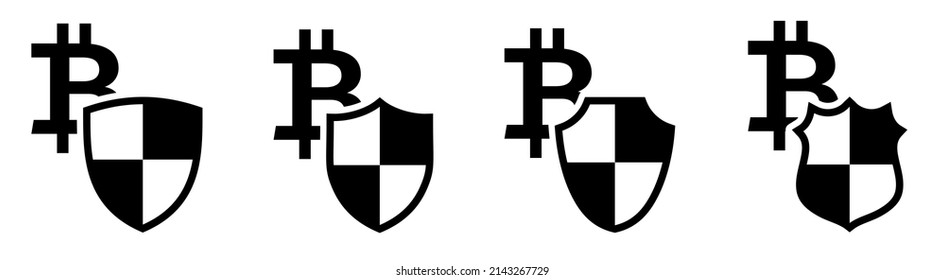 Bitcoin-Symbol hinter dem Schild, verschiedene Versionen. Kryptowährungsschutz oder Sicherheitskonzept