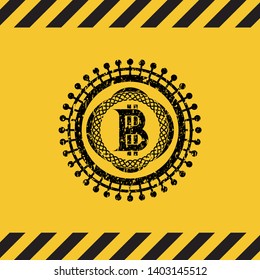 bitcoin icon black grunge emblem with yellow background. Vector Illustration. Detailed.