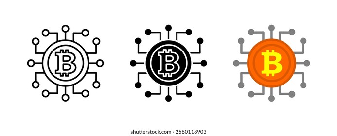 Ícone Bitcoin. Símbolo de cadeia de blocos. Ilustração do vetor de criptomoeda. Sinal de tecnologia financeira. Conceito de rede digital. Projeto de moeda eletrônica de pagamento criptográfico. Pictograma da moeda de bits. Dinheiro descentralizado.