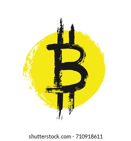 Bitcoin Icon. Blockchain technology. Cryptocurrency logo. Digital asset symbol. Virtual trading item. Grunge brush strokes altcoins. Painted Round Background. Distress texture vector illustration.