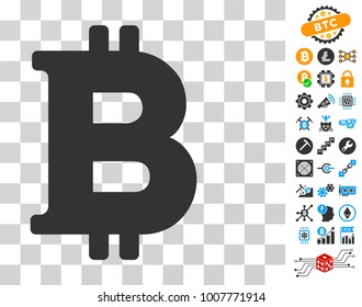Bitcoin icon with bonus bitcoin mining and blockchain pictures. Vector illustration style is flat iconic symbols. Designed for blockchain software.