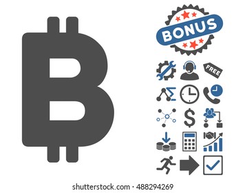 Bitcoin icon with bonus pictograph collection. Vector illustration style is flat iconic bicolor symbols, cobalt and gray colors, white background.