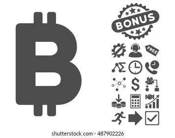 Bitcoin icon with bonus symbols. Vector illustration style is flat iconic symbols, gray color, white background.