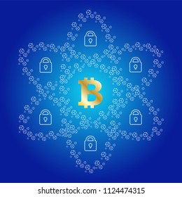 Bitcoin icon is the center of blockchain network. Concept of cryptographic.