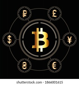 Bitcoin icon in the center of a circle of other world currencies. Bitcoin currency exchange, bitcoin trading platform. Abstract golden color vector icons.