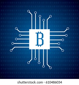 bitcoin icon with circuit board over blue background. vector illustration