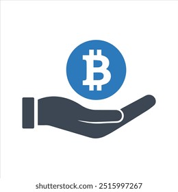 Bitcoin icon. Coin in hand. Cryptocurrency icon