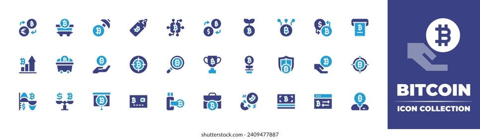 Bitcoin icon collection. Duotone color. Vector and transparent illustration. Containing bitcoin, tag, exchange, target, cryptocurrency, card, link, ticket, trading, usb, investor, money exchange.