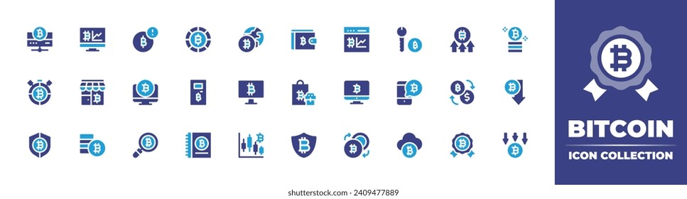 Bitcoin icon collection. Duotone color. Vector and transparent illustration. Containing bitcoin, exchange, bitcoins, store, computer, crypto, increase, atm, ledger, reward, statistics, wallet.