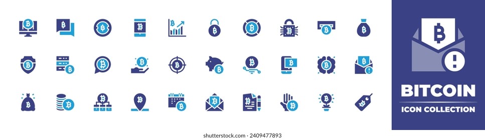 Bitcoin icon collection. Duotone color. Vector and transparent illustration. Containing bitcoin, bitcoins, payment, graph, atm machine, shield, aim, brain, bag, time, growth.