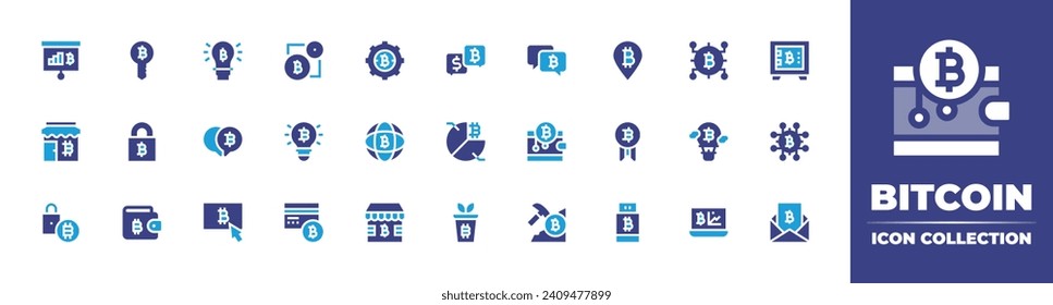 Bitcoin icon collection. Duotone color. Vector and transparent illustration. Containing wallet, bitcoin, lock, key, chat, digital currency, cryptocurrency, idea, hot air balloon, credit card, analysis