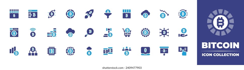 Bitcoin icon collection. Duotone color. Vector and transparent illustration. Containing startup, bitcoin, bitcoins, cloud, chip, world, presentation, shop, funnel, money laundering, judgment, diagram.