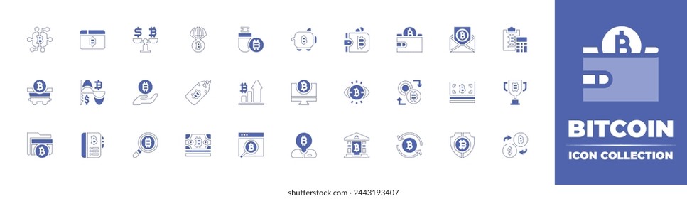 Bitcoin icon collection. Duotone style line stroke and bold. Vector illustration. Containing exchange, bitcoin wallet, bitcoin, tag, bill, link, trading, investor, bank, book, vision, data.