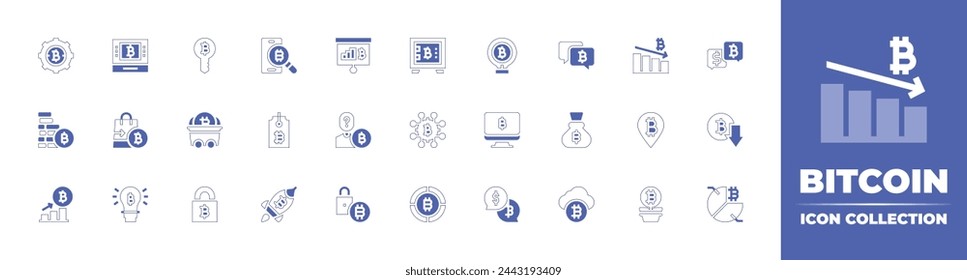 Bitcoin icon collection. Duotone style line stroke and bold. Vector illustration. Containing bitcoin, bitcoins, rocket, diagram, bank, lock, key, chat, pie chart, settings, locker, shopping bag.