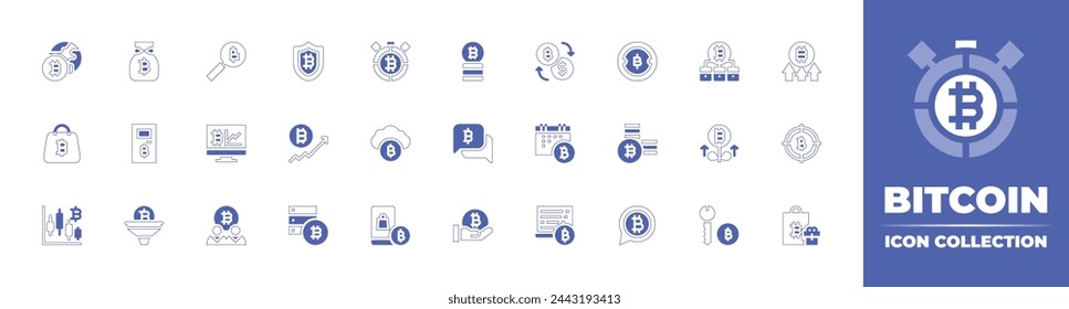 Bitcoin icon collection. Duotone style line stroke and bold. Vector illustration. Containing bitcoin, bitcoin bag, bitcoins, filter, money bag, increase, atm, exchange, aim, time, cloud, buy, crypto. svg