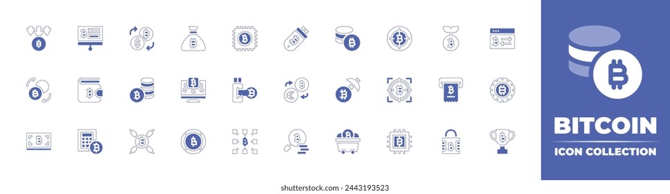 Bitcoin icon collection. Duotone style line stroke and bold. Vector illustration. Containing exchange rate, bitcoin, bitcoin symbol, coins stack, bitcoins, target, exchange, ticket, usb.