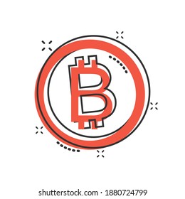 Bitcoin icon in comic style. Blockchain cartoon vector illustration on white isolated background. Cryptocurrency splash effect business concept.