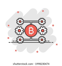 Bitcoin icon in comic style. Blockchain cartoon vector illustration on white isolated background. Cryptocurrency splash effect business concept.