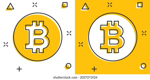 Bitcoin icon in comic style. Blockchain cartoon vector illustration on white isolated background. Cryptocurrency splash effect business concept.
