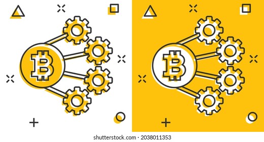 Bitcoin icon in comic style. Blockchain cartoon vector illustration on white isolated background. Cryptocurrency splash effect business concept.