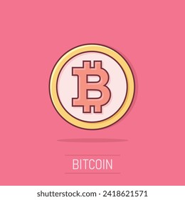 Bitcoin icon in comic style. Blockchain cartoon vector illustration on isolated background. Cryptocurrency splash effect business concept.