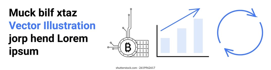 Bitcoin icon connected to circuit, growing bar chart with upward arrow, and circular arrows. Ideal for technology, finance, blockchain, cryptocurrency, data analytics, business growth, and digital