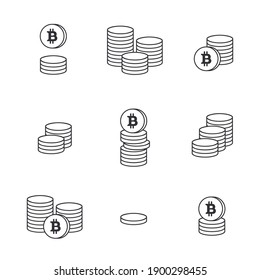 Bitcoin icon. Crypto currency symbol. Blockchain secure cryptocurrency. Coin icon. Money symbol. Finance symbol. Cash icon. Currency exchange. Stack of coins. Financial operations. Transfer. E-money.