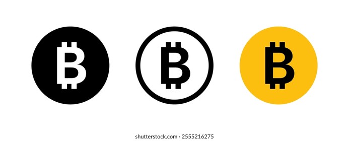 Bitcoin icon. Crypto currency symbol. Bitcoin wallet vector illustration. Decentralized financial money system sign. Bit coin mining pictogram. Crypto stock exchange platform emblem. Digital banking.