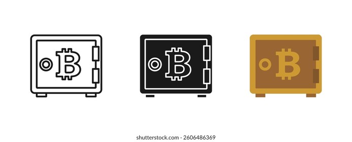 Bitcoin icon. Crypto vault symbol. Blockchain security illustration. Digital currency protection sign. Finance investment graphic. Money storage design. Safe banking pictogram.