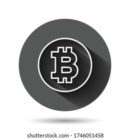 Bitcoin icon in flat style. Blockchain vector illustration on black round background with long shadow effect. Cryptocurrency circle button business concept.