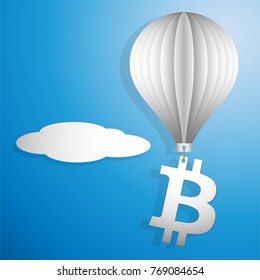 Bitcoin icon flying on a white paper balloon up. Increase in cost and price hike