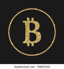 Bitcoin icon with glitter effect, isolated on black background. Outline icon of bitcoin, crypto-currency, vector pictogram. Symbol from golden particles dust.