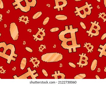 Bitcoin icon with golden coins in pixel style. Seamless pattern with 8 bit bitcoin icon. Blockchain technology, cryptocurrency. Design for banners and promotional items. Vector illustration
