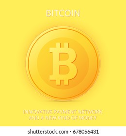 Bitcoin icon is a golden color. Crypto currency isolated on yellow background. Vector illustration.