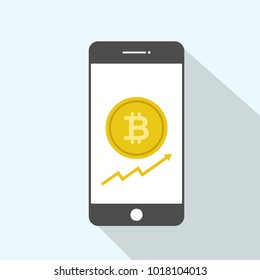 Bitcoin icon of golden color on the screen of a mobile phone.The concept of selling.