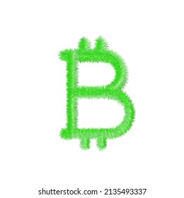 Bitcoin icon grassy and feathered icon. Green btc trading hairy currency. Easy editable money symbol. Soft and realistic feathers. Fluffy green isolated on white background.