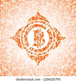 bitcoin icon inside abstract emblem, orange mosaic background