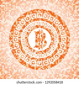 bitcoin icon inside abstract emblem, orange mosaic background