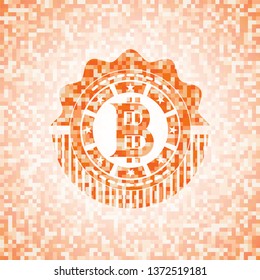 bitcoin icon inside abstract emblem, orange mosaic background