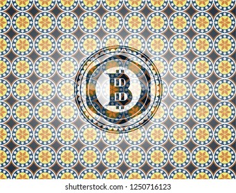 bitcoin icon inside arabic badge background. Arabesque decoration.