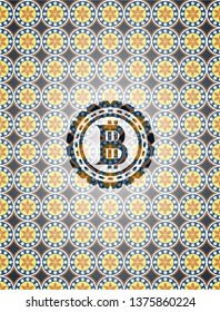 bitcoin icon inside arabic badge. Arabesque decoration.