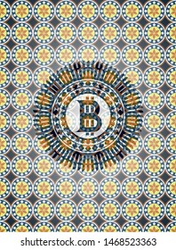 bitcoin icon inside arabic badge. Arabesque decoration.