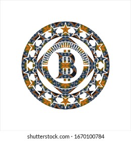 bitcoin icon inside arabic badge. Arabesque decoration.