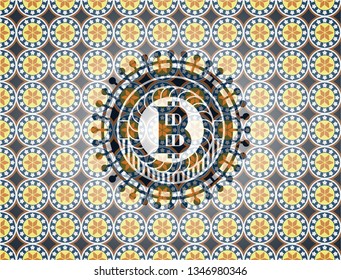 bitcoin icon inside arabic emblem. Arabesque decoration.