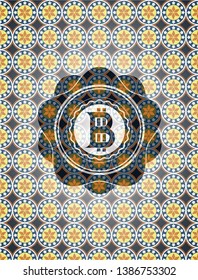bitcoin icon inside arabic emblem background. Arabesque decoration.