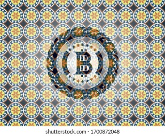 bitcoin icon inside arabic emblem background. Arabesque decoration.